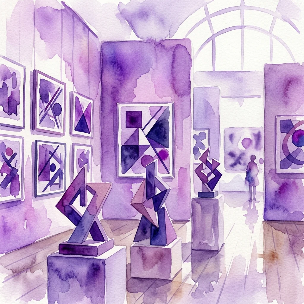 Ilustración en acuarela de un espacio de galería con pinturas geométricas moradas y esculturas abstractas sobre pedestales para la exposición Elliptical Orbits.
