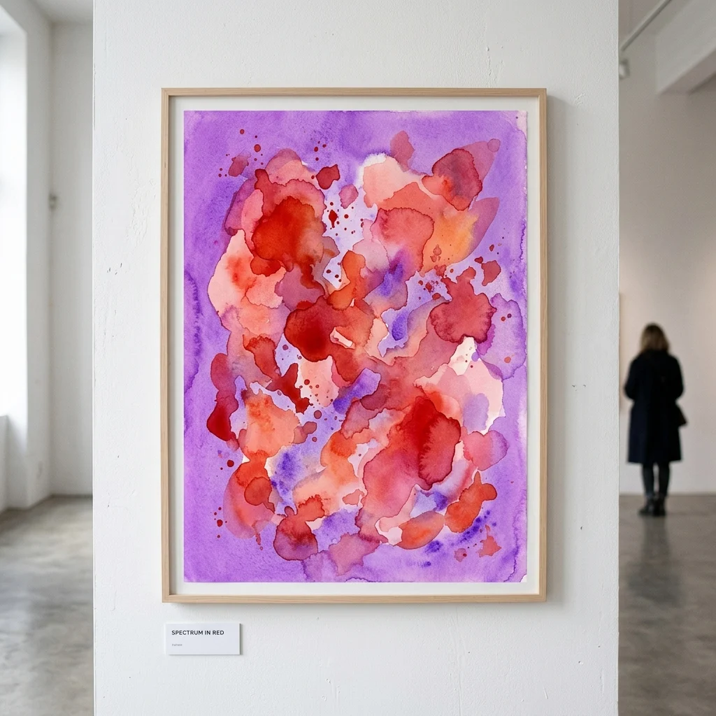 Framed abstract watercolor painting titled 'Spectrum in Red' featuring vibrant red, pink, and orange washes against a purple background, displayed in a gallery.