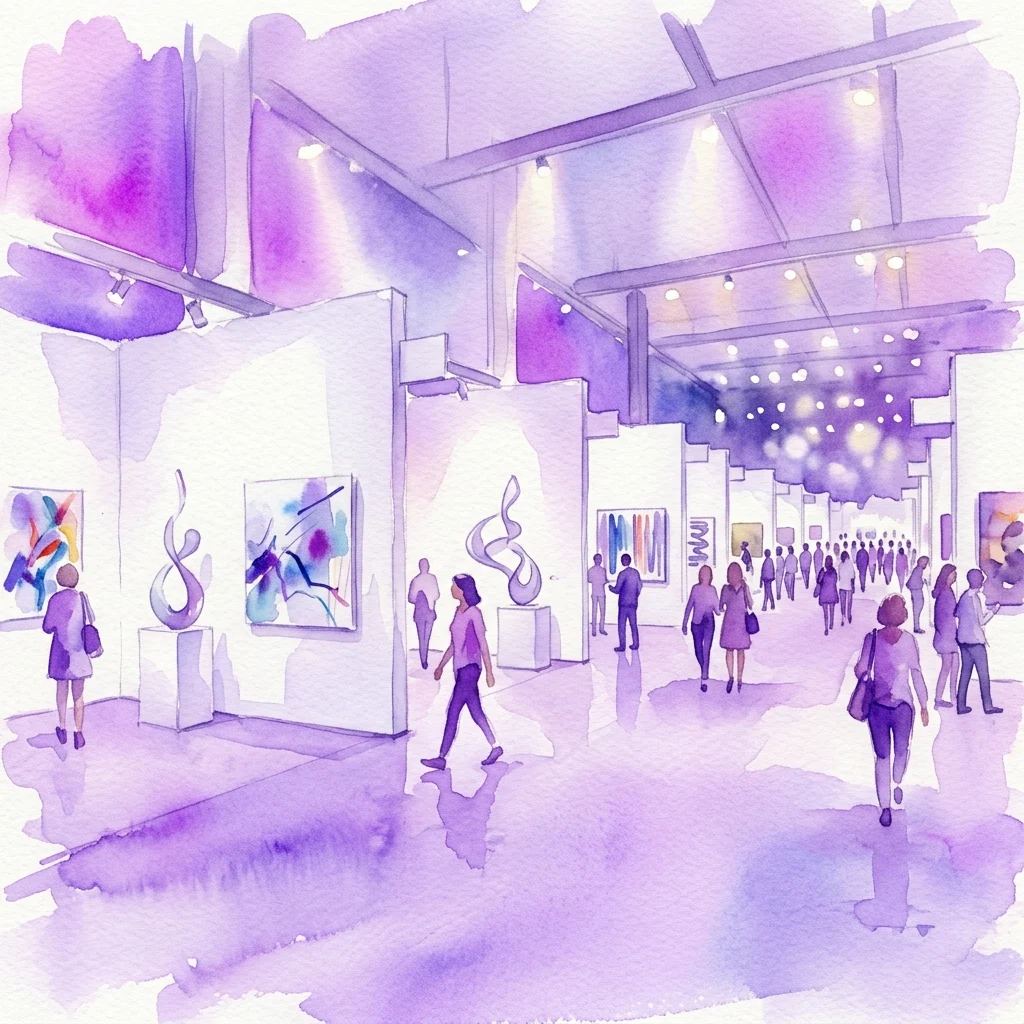 Watercolor illustration of the 2016 Marbella Art Fair interior, showing visitors exploring white exhibition booths with contemporary paintings and sculptures.