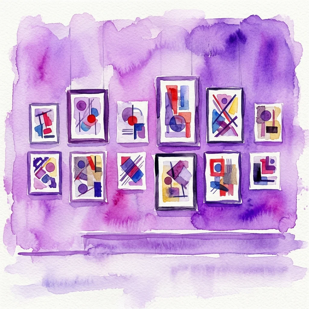 Ilustración en acuarela de una pared de galería que muestra doce pinturas geométricas abstractas enmarcadas, representando la exposición de Nicolás de Lekuona.