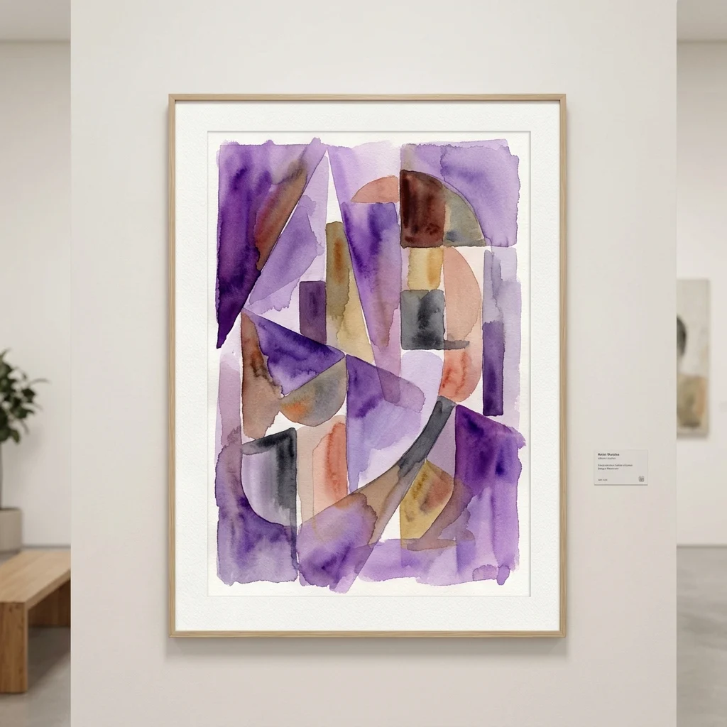 Ingelijst abstract aquarel met geometrische vormen in paarse, bruine en beige tinten, tentoongesteld op een witte galerijmuur voor de NORABIDEAK-tentoonstelling.