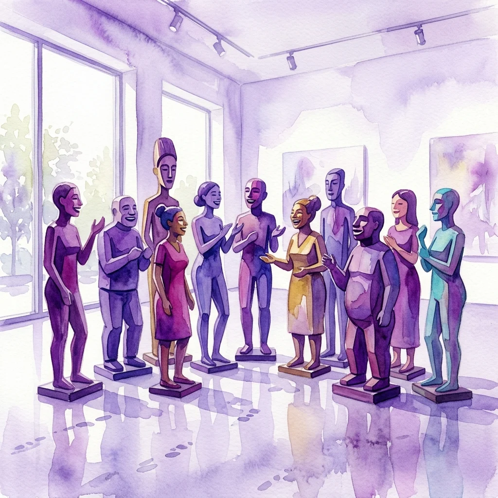 Una ilustración en acuarela de las esculturas de madera policromada de Kiko Miyares expuestas en una galería luminosa, que muestra figuras humanas estilizadas en colores vibrantes interactuando sobre pedestales.