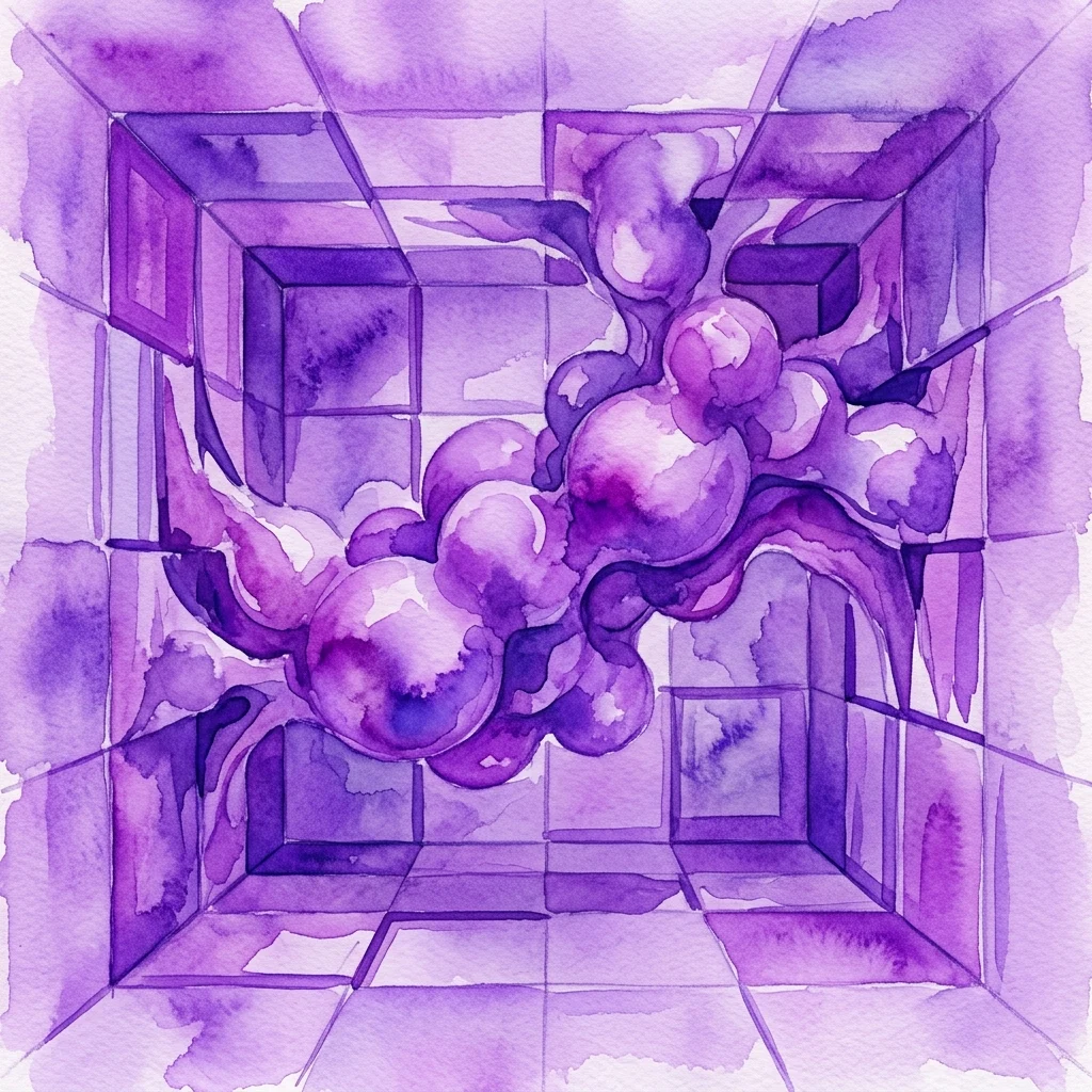 Fioletowa ilustracja akwarelowa przedstawiająca organiczne sferyczne formy przebijające się przez geometryczne, sześcienne pomieszczenie galerii, co stanowi artystyczną interpretację rzeźbiarskiej interwencji Ektora Rodrigueza.