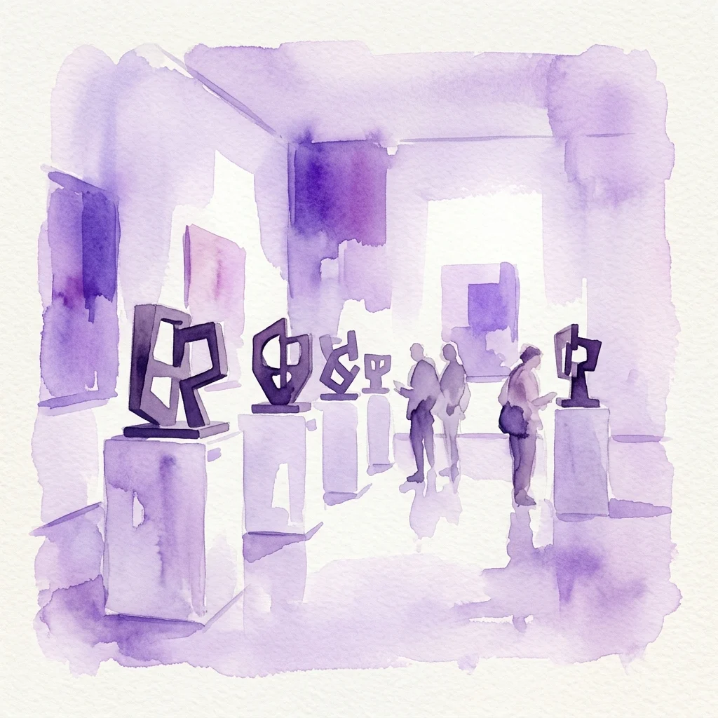 Ilustración en acuarela morada de una galería que presenta las esculturas geométricas abstractas de Jorge Oteiza sobre pedestales, con visitantes observando la exposición.