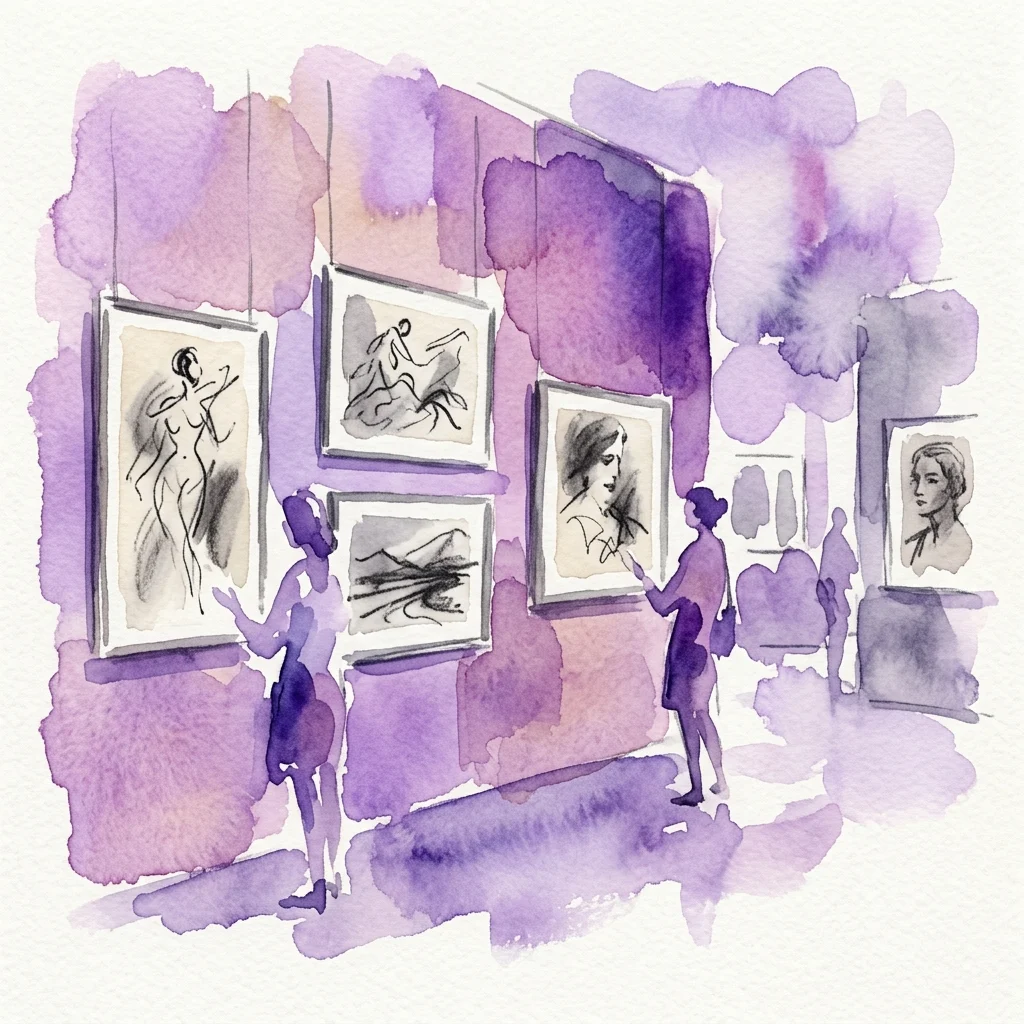 Ilustración en acuarela de visitantes observando bocetos al carboncillo y dibujos enmarcados en una galería de arte.