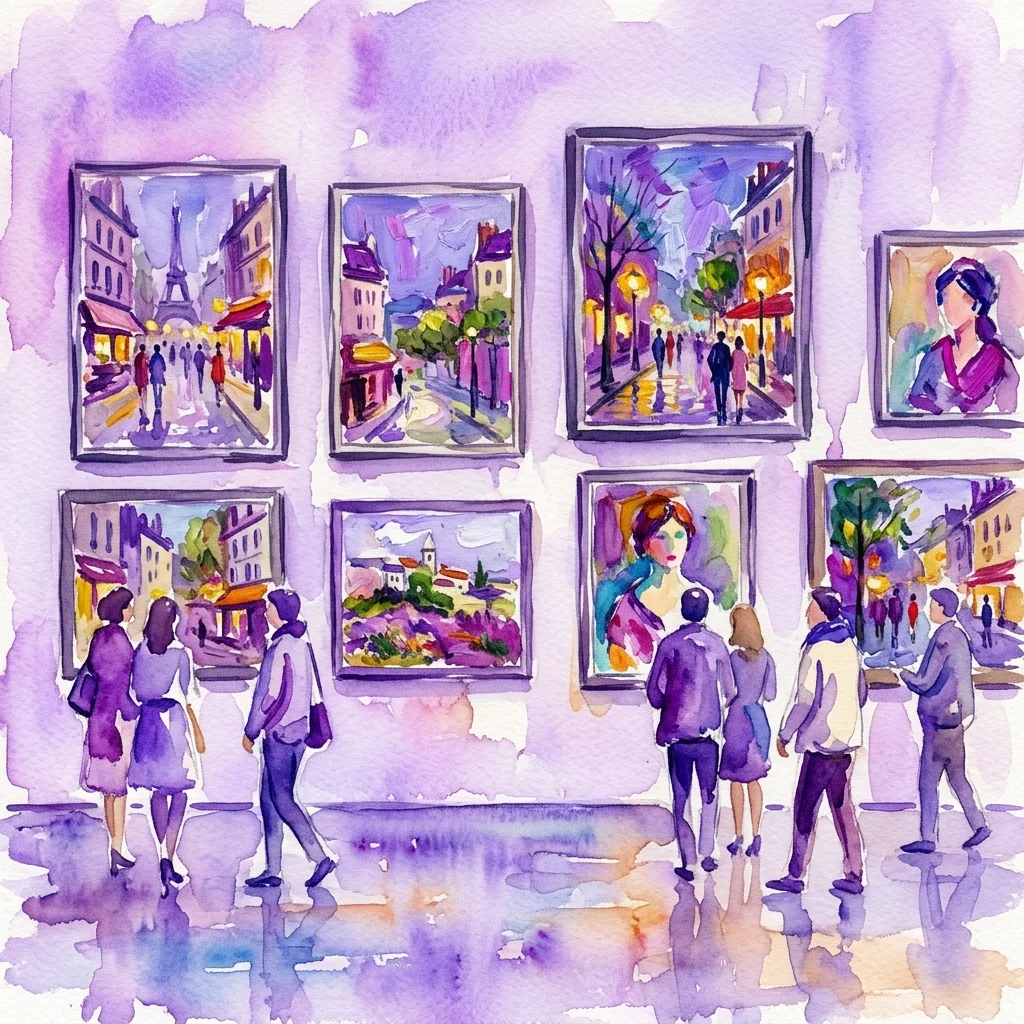 Akwarelowa ilustracja przedstawiająca zwiedzających oglądających oprawione obrazy impresjonistyczne z paryskimi ulicami i portretami w galerii na wystawie The Inspiration of Paris.
