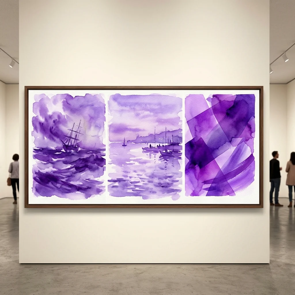 Vista de galería de 'Three Looks at the Sea', un tríptico de acuarelas moradas que representan paisajes marinos, desde barcos realistas hasta formas abstractas.