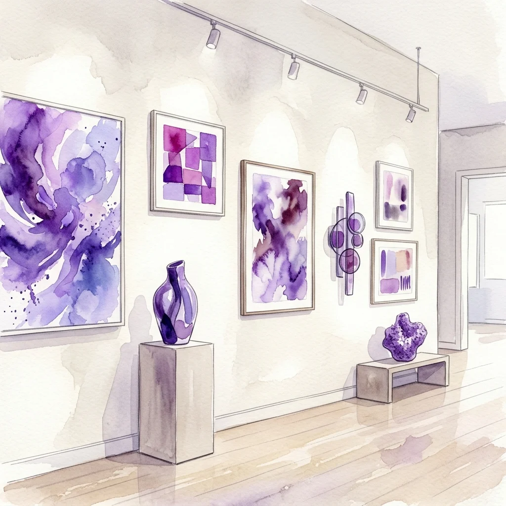 Ilustración en acuarela de una pared de galería que muestra pinturas y esculturas abstractas de color púrpura bajo iluminación de riel.