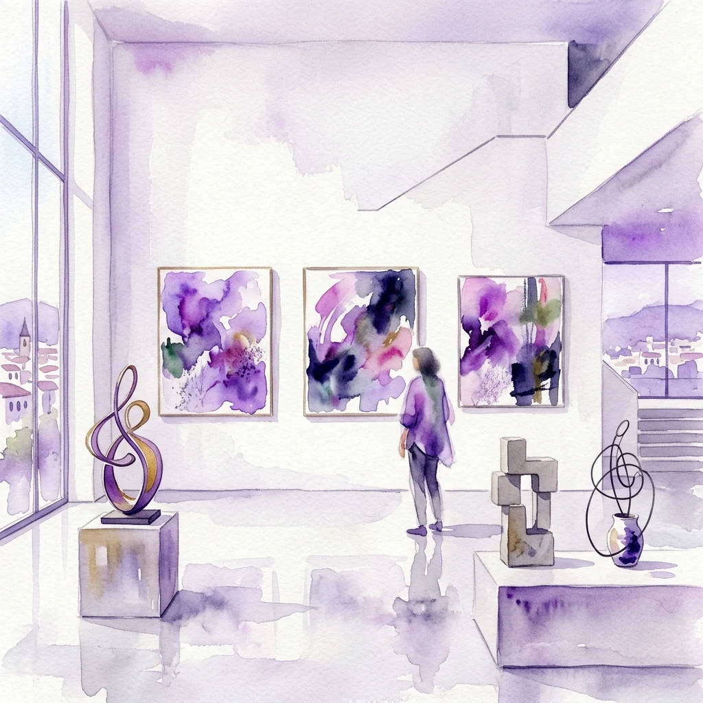 Aquarelillustratie van een lichte galerieruimte met een bezoeker die abstracte paarse schilderijen en modernistische sculpturen bekijkt.