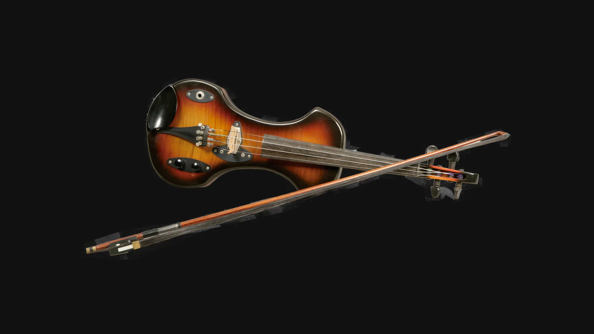Un violín con arco flotando sobre un fondo negro, con un acabado sunburst en tonos ámbar y marrón