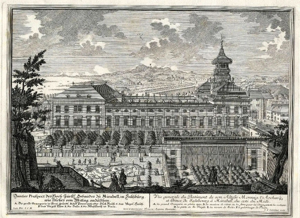 Grabado histórico del Palacio de Mirabell que muestra la fachada barroca, jardines formales con fuentes y setos, y el paisaje urbano de Salzburgo con una fortaleza en la colina al fondo, con cartelas de texto en la parte inferior.