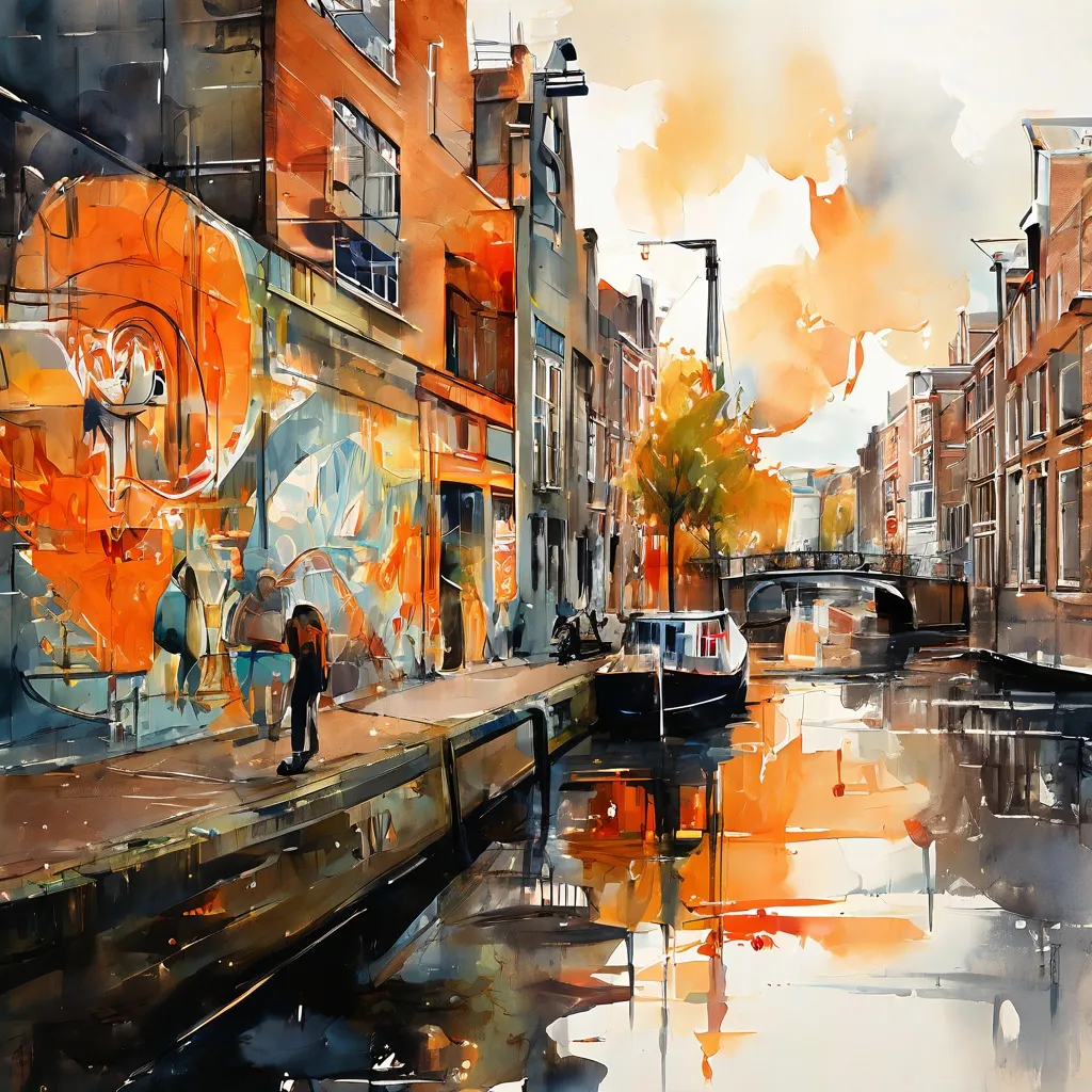 Een visueel dynamische en kleurrijke street art muurschildering met een mix van klassieke kunst-elementen en moderne graffiti, tegen een industriële grachtenachtergrond in Amsterdam, wat een verborgen kunstontdekking suggereert.