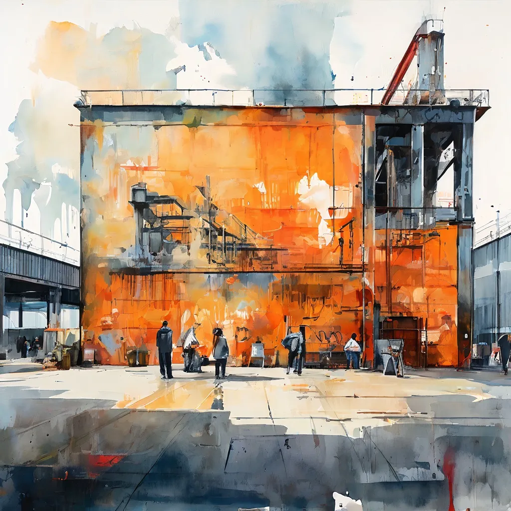 A split image showcasing the raw energy of large-scale street art murals on industrial buildings contrasted with the refined display of Banksy stencils inside the Moco Museum Amsterdam.