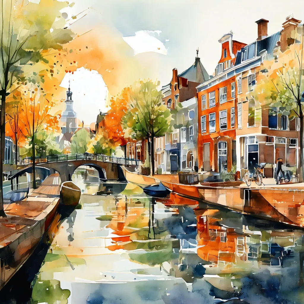 A vibrant scene depicting modern art installations from Moco Museum alongside a serene Amsterdam canal, with a boat passing by, reflecting the diverse summer experiences available.