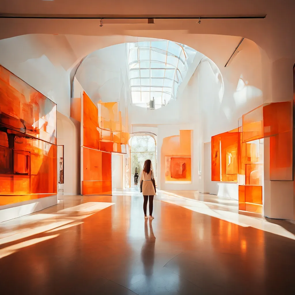 A vibrant and artistic interior view of the Moco Museum Amsterdam galleries showing colorful light installations and architectural features.