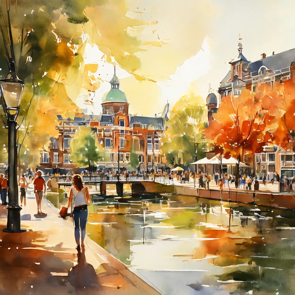Słoneczna scena ukazująca atmosferę letniego dnia w Amsterdamie w pobliżu dzielnicy muzeów.