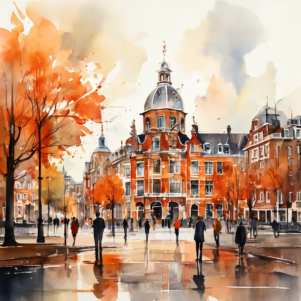 Artystyczna ilustracja zróżnicowanej architektury i tętniącej życiem sceny kulturalnej wokół amsterdamskiego Museumplein, podkreślająca nowoczesne Moco Museum wśród innych ikonicznych instytucji.