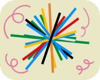 Logo del Moco Museum con líneas multicolores que irradian desde el centro con elementos curvos rosados sobre un fondo beige