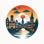 Ilustración circular de una escena de canal de Ámsterdam con edificios históricos, agua y atardecer en un vibrante estilo de arte contemporáneo