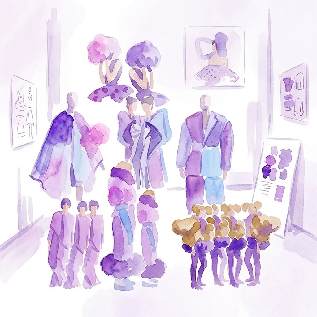 Ilustración en acuarela de la exposición LOOKS, LOOKS, LOOKS con maniquíes en prendas moradas y azules, figuras esbozadas y bocetos de diseño de moda enmarcados en las paredes de la galería.
