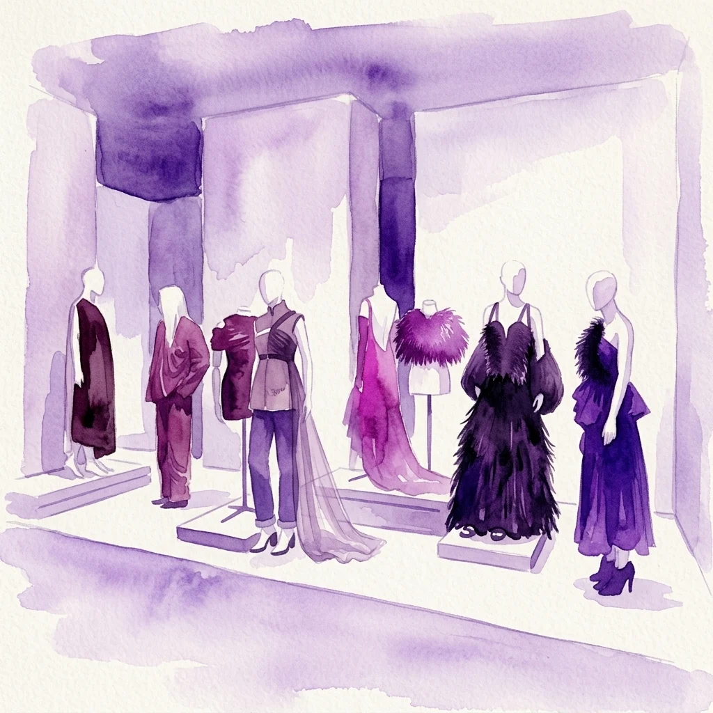 Ilustración en acuarela morada de maniquíes luciendo prendas de moda variadas, como vestidos con plumas y trajes a medida, en una galería de museo.