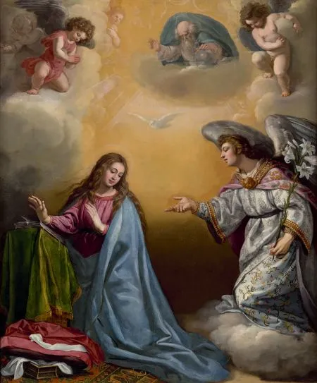 religious painting of the annunciation with virgin mary and an angel in a celestial setting