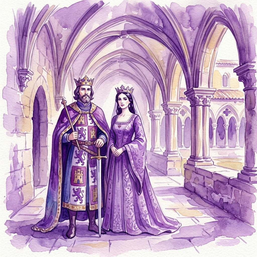 Ilustracja akwarelowa króla Alfonsa i królowej Leonor Kastylijskiej stojących w gotyckim łuku, przedstawionych w królewskich strojach z koronami i królewskimi symbolami, na tle historycznego Monasterio de Santa María la Real de Las Huelgas.