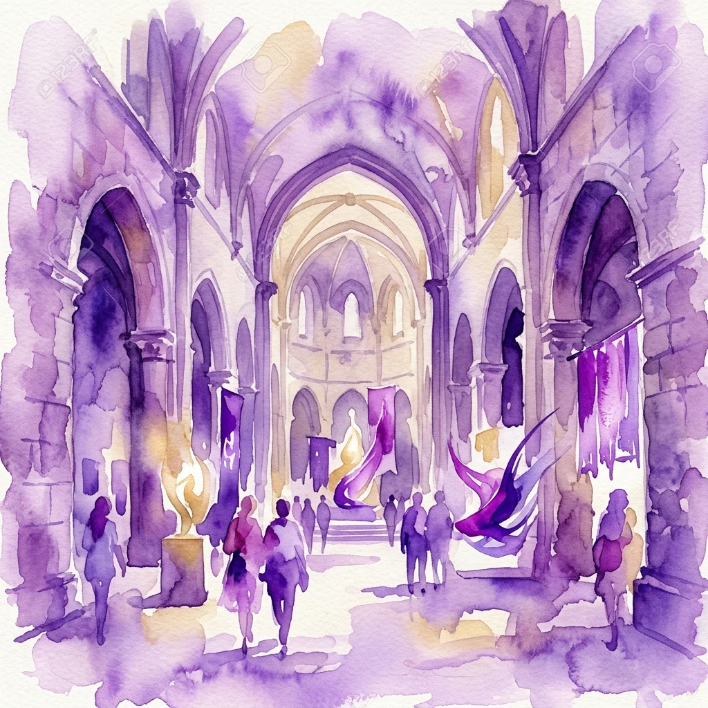 Ilustracja akwarelowa wnętrza Monasterio de las Descalzas Reales, z kamienną architekturą łukową, odcieniami fioletu i złota oraz zwiedzającymi eksplorującymi przestrzeń wystawienniczą.