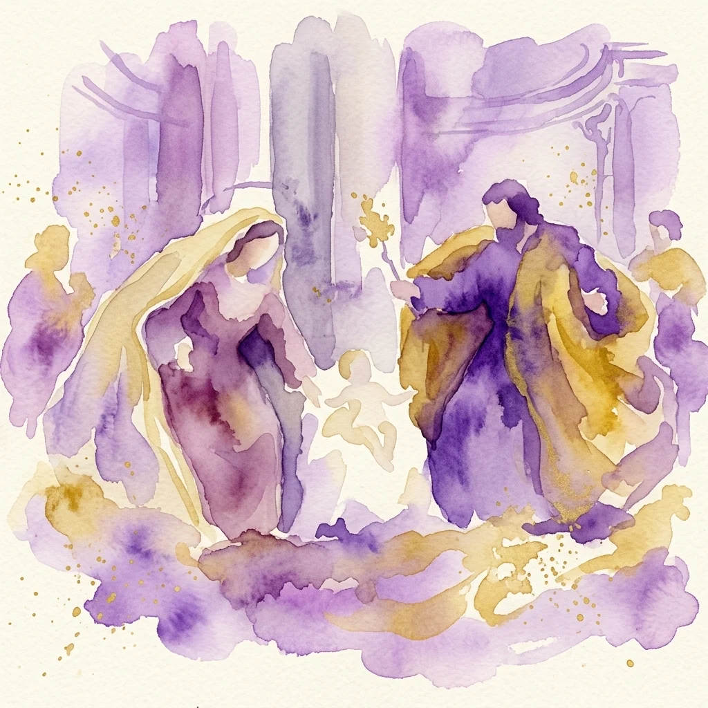 Ilustración en acuarela de un belén con figuras vestidas con túnicas moradas y doradas, que representa la exposición Belén en el Palacio Real de Madrid.
