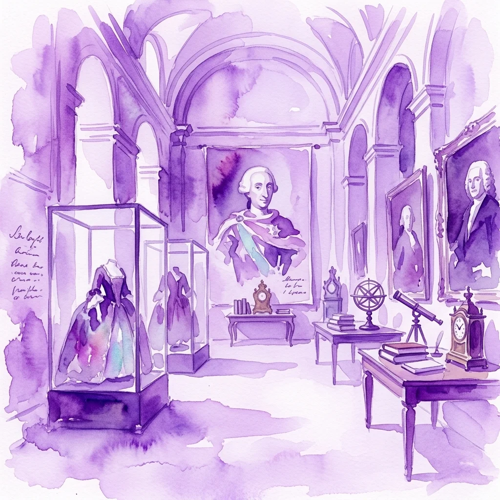 Ilustracja akwarelowa wystawy „Carlos III. Majestad y Ornato en los Escenarios del Rey Ilustrado”, prezentująca stroje królewskie, portrety i artefakty z epoki oświecenia w wielkiej galerii pałacowej.