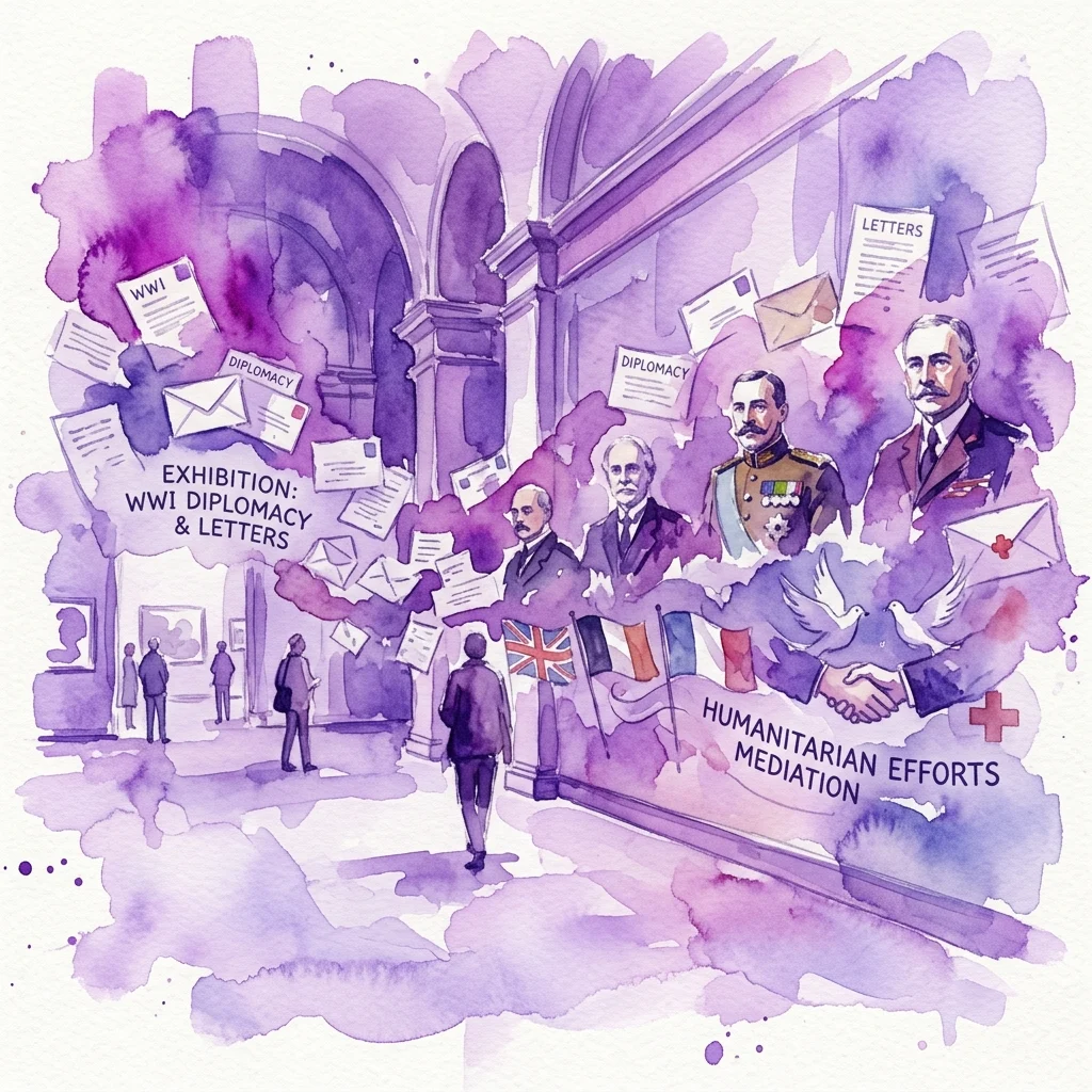 Ilustracja wystawy 'Cartas al Rey' poświęconej dyplomacji I wojny światowej, listom i wysiłkom humanitarnym, z portretami postaci historycznych i dokumentami archiwalnymi w galerii.