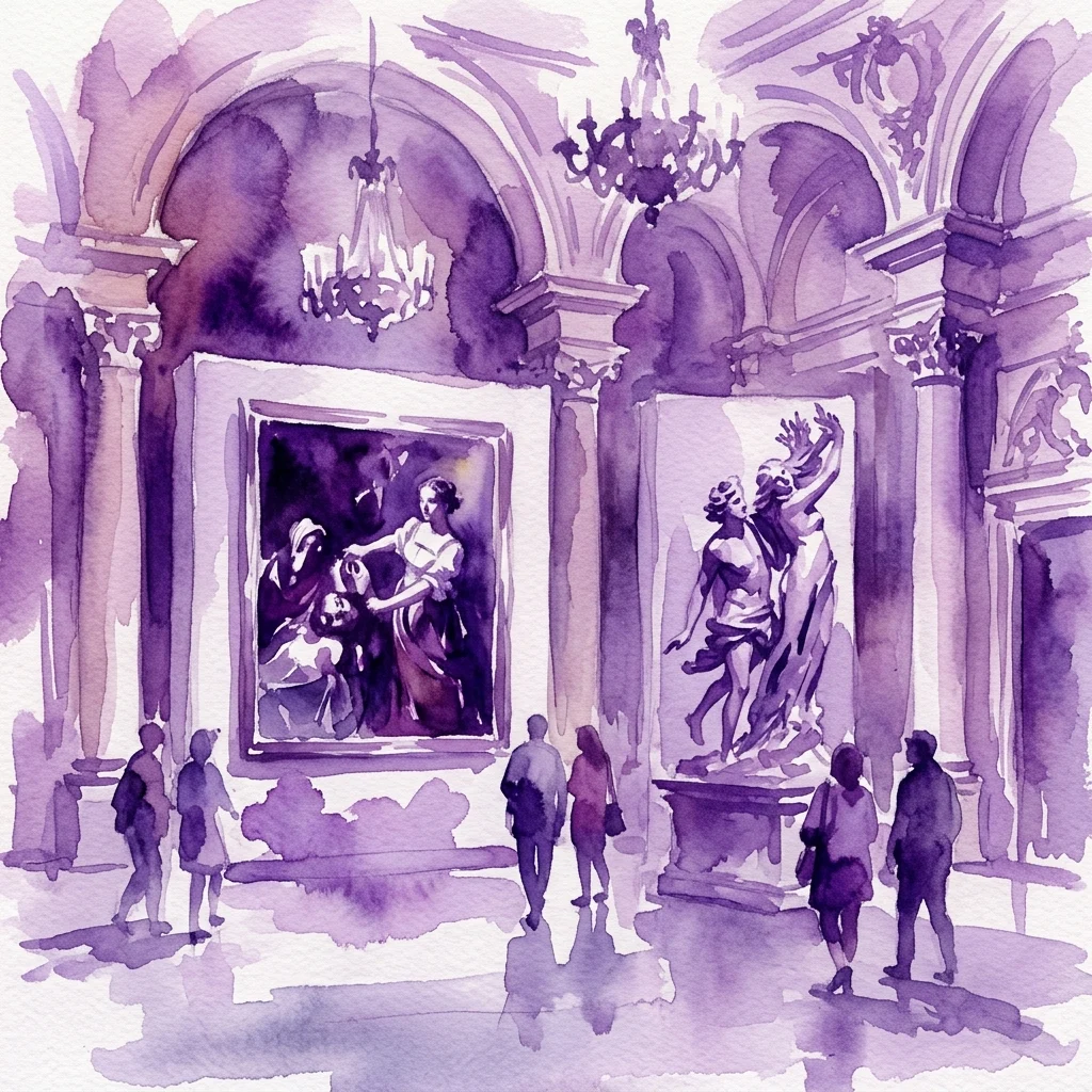 A watercolor illustration of an art exhibition featuring a large painting and a sculpture in a grand, ornate gallery with visitors observing the artworks.