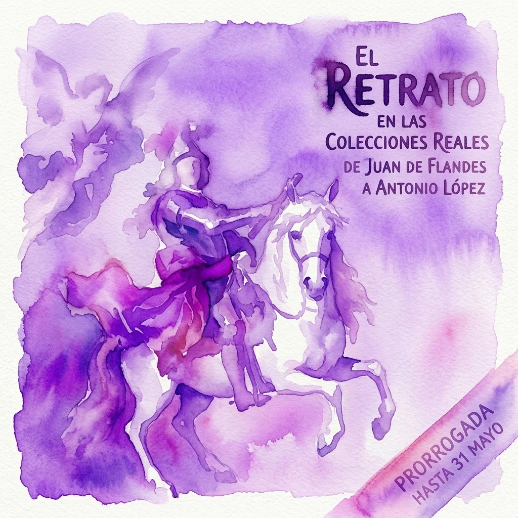 Ilustracja akwarelowa królewskiego portretu konnego w odcieniach fioletu, promująca wystawę „El Retrato en las Colecciones Reales: De Juan de Flandes a Antonio López” w Pałacu Królewskim w Madrycie.