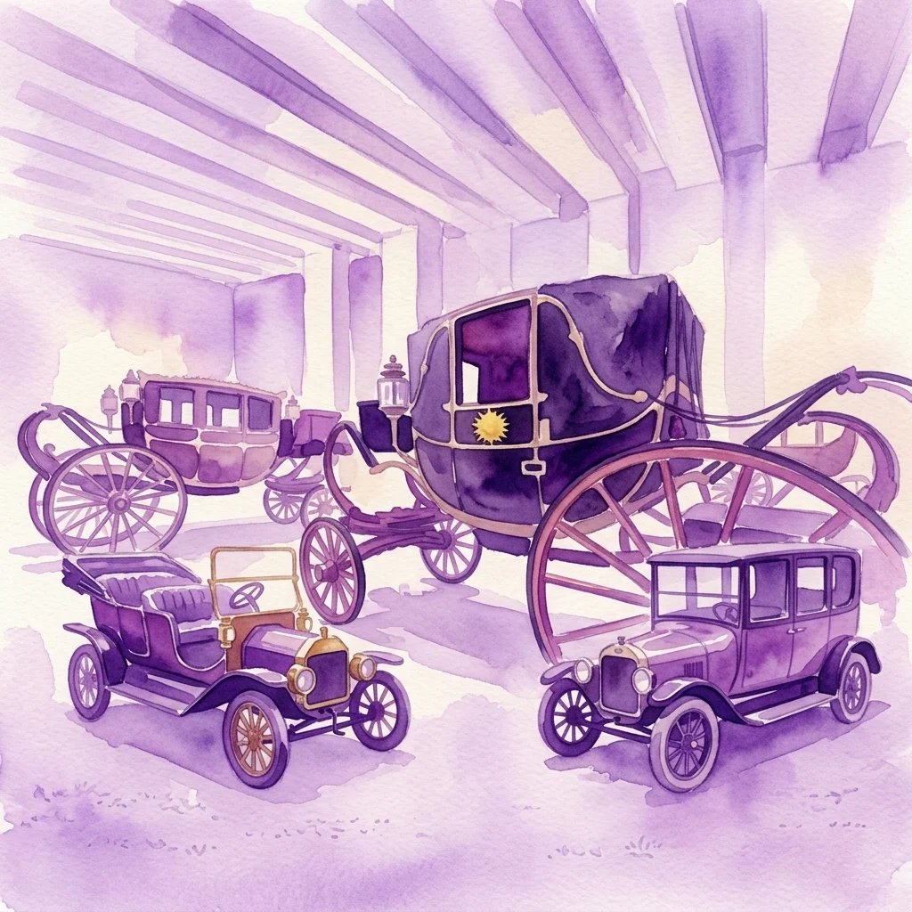 Ilustracja akwarelowa zabytkowych powozów konnych i wczesnych samochodów wystawionych w galerii muzealnej, prezentująca królewski transport ze zbiorów Patrimonio Nacional.