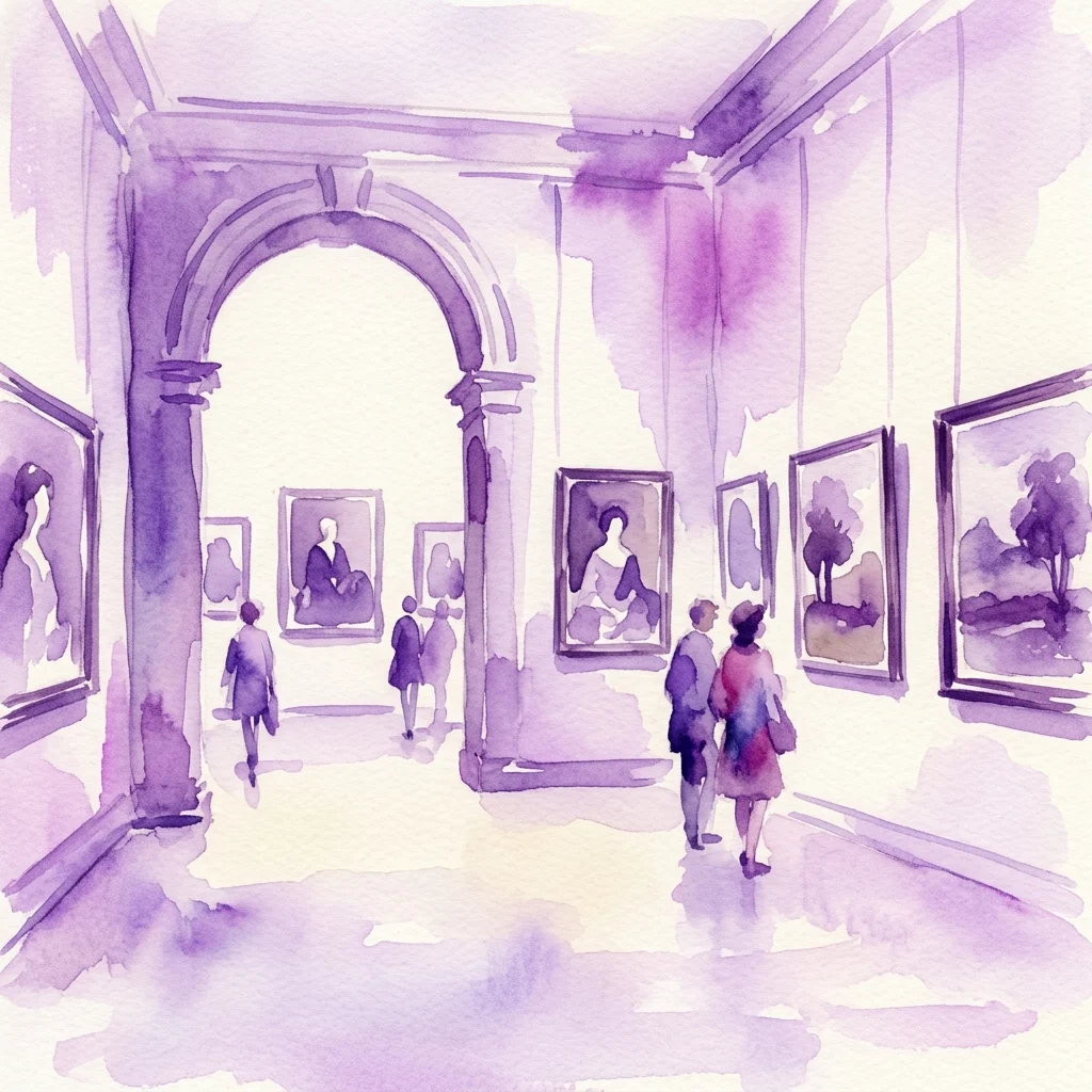 Ilustración en acuarela de un pasillo de galería con visitantes observando obras de arte enmarcadas en las paredes, con un esquema de colores púrpura y blanco.