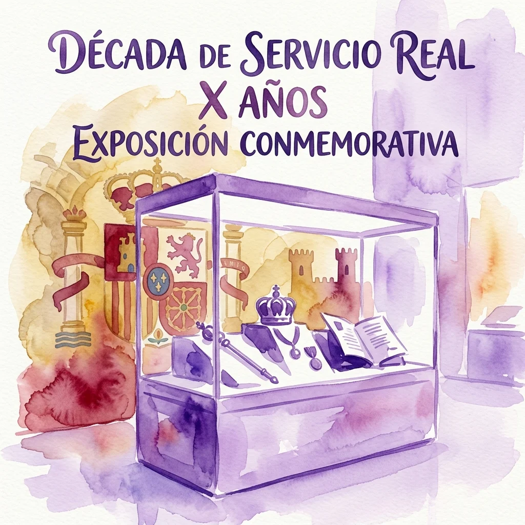 Ilustración en acuarela de una vitrina de museo con insignias reales, que incluyen una corona, un cetro y un libro abierto, con símbolos reales españoles al fondo. El texto dice 'DÉCADA DE SERVICIO REAL X AÑOS EXPOSICIÓN CONMEMORATIVA' para una exposición sobre el reinado del Rey Felipe VI.