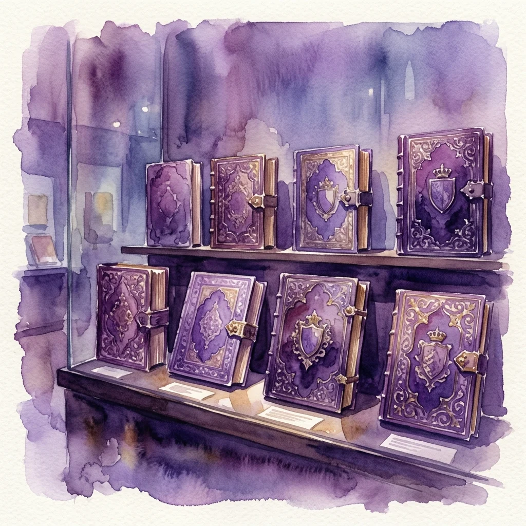 Een aquarelillustratie van sierlijke historische boekbanden tentoongesteld in een museumvitrine, met paarse en gouden ontwerpen en koninklijke wapenschilden, onderdeel van de tentoonstelling 'Grandes Encuadernaciones en las Bibliotecas Reales'.