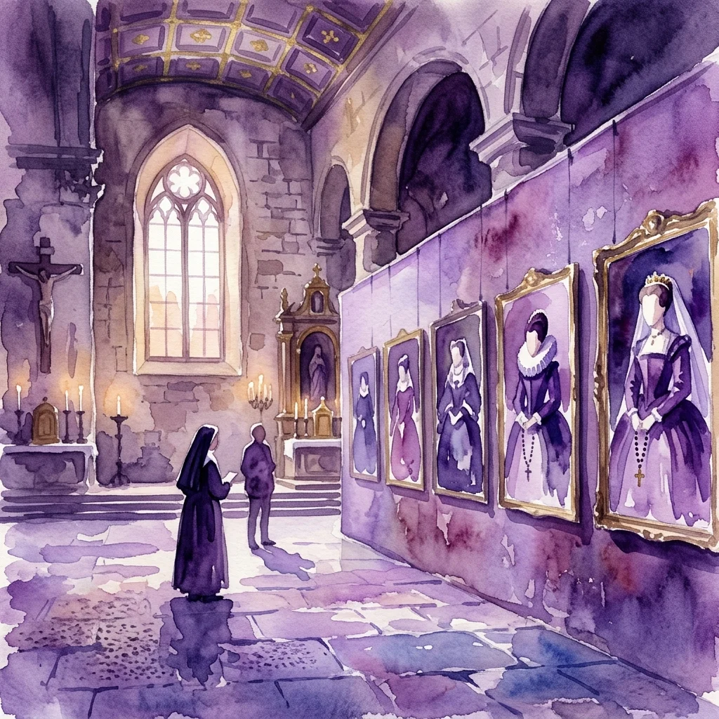 Ilustración en acuarela de un salón de exposiciones en un monasterio real, con retratos de damas nobles de la Casa de Austria, mientras monjas y visitantes contemplan las obras de arte en un entorno barroco teñido de púrpura.