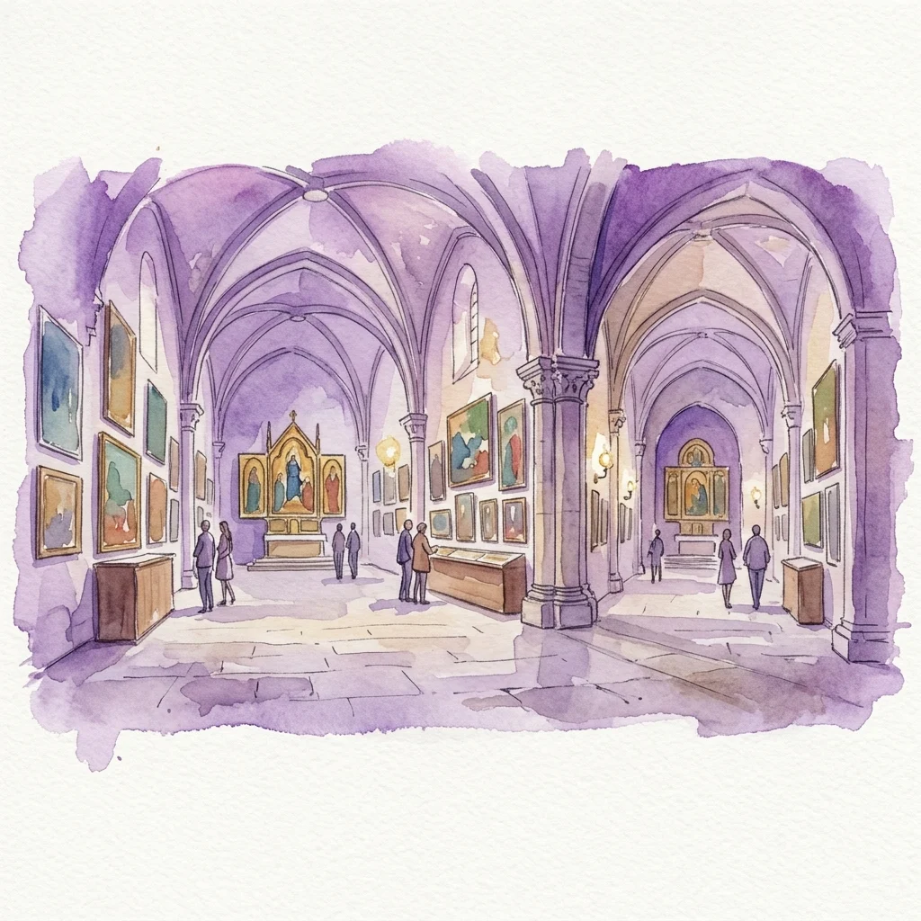 Ilustracja akwarelowa wnętrza Monasterio de las Descalzas Reales, przedstawiająca sklepienia łukowe, kamienne filary oraz zwiedzających oglądających starannie wyselekcjonowaną kolekcję obrazów i ołtarzy w odrestaurowanych salach.