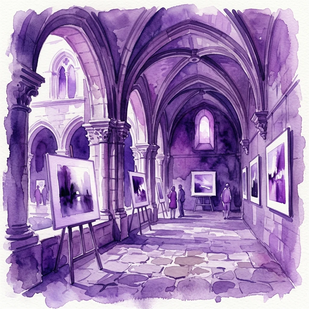 Waterverfillustratie van een kunstexpositie in een historisch klooster met boogramen, stenen vloeren en ingelijste foto's, die thema's van licht en schaduw oproepen.