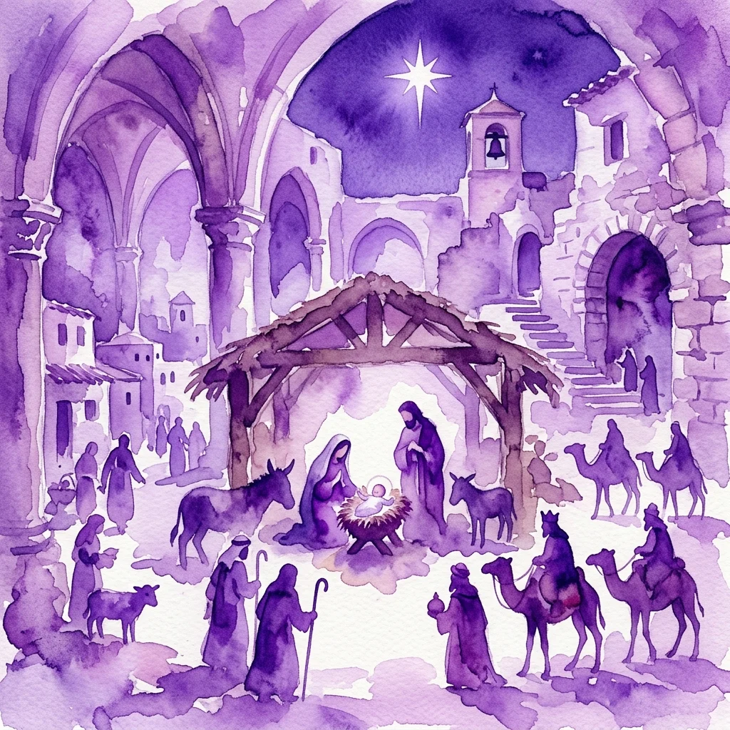 Ilustracja akwarelowa tradycyjnej szopki bożonarodzeniowej (belén) umieszczonej w kamiennym łuku, przedstawiająca Świętą Rodzinę, pasterzy i Trzech Króli, z jasną gwiazdą na nocnym niebie.