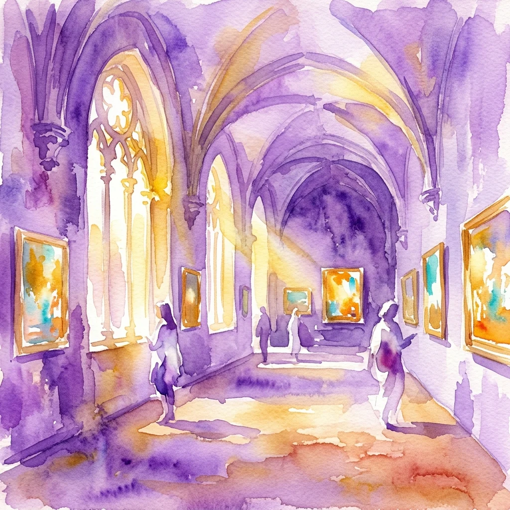 Akwarelowa ilustracja oświetlonej galerii w zabytkowym hiszpańskim klasztorze, prezentująca obrazy Joaquina Sorolli, ze światłem wpadającym przez ozdobne okna i odwiedzających oglądających sztukę.