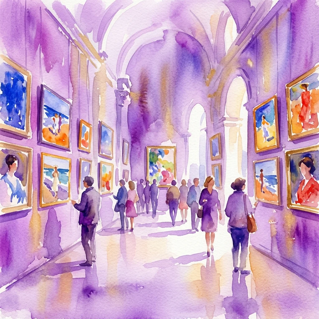 Una ilustración en acuarela de visitantes explorando una exposición de arte en una gran galería con techos abovedados, con pinturas de Joaquín Sorolla en exhibición.