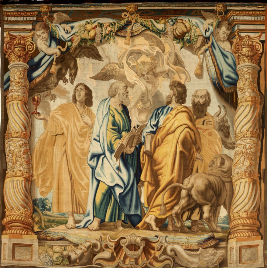 A detailed tapestry showing religious figures in elaborate robes, framed by ornate golden columns and decorative elements