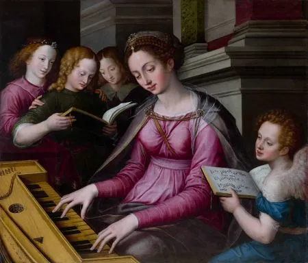 a painting of a woman in a pink dress playing a harpsichord with children and an angel around her