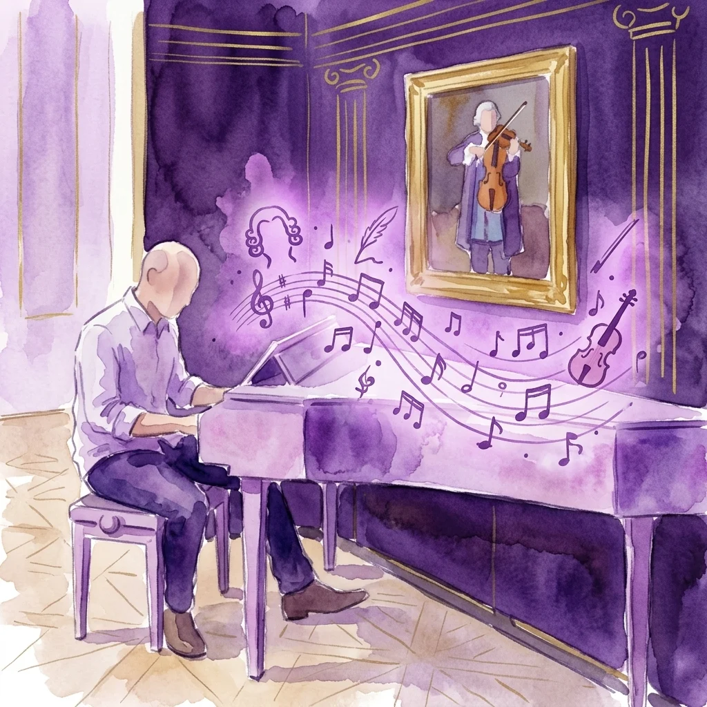 Una ilustración en acuarela de una persona tocando el piano en una galería de museo de tonalidad púrpura, con notas musicales flotando alrededor y un retrato de Mozart en la pared, representando la experiencia interactiva del Museo Mozart.