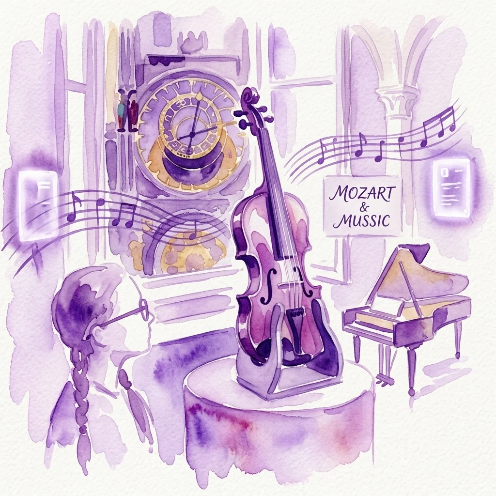 Ilustración en acuarela de una exposición de museo temática de Mozart que presenta un violín, un piano de cola, un clavecín y notas musicales, con un letrero que dice 'MOZART & MUSSIC' en un entorno histórico europeo.