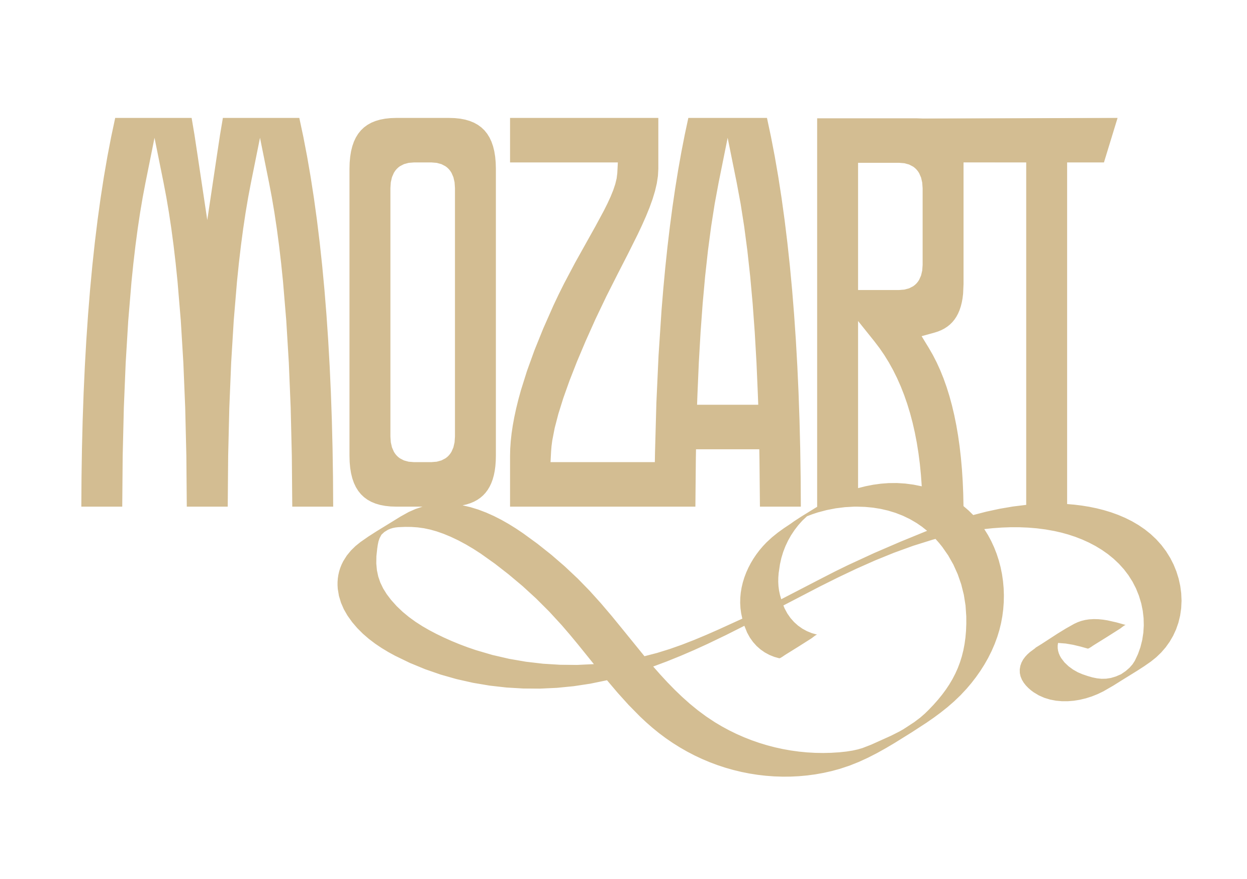 Logotipo de texto dorado que dice MOZART con un adorno musical sobre un fondo negro