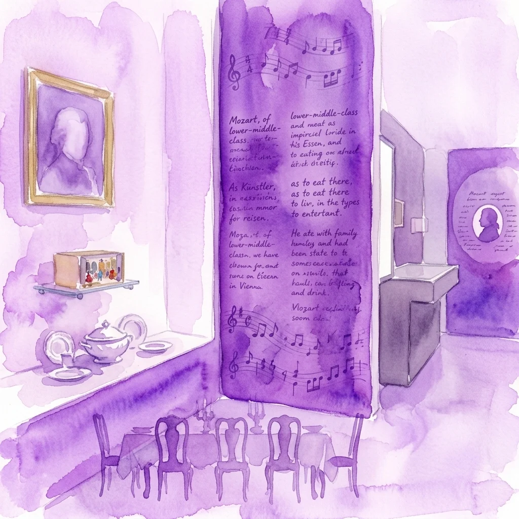 Ilustración de la exposición Mozart en la mesa en Mozarthaus Vienna, que presenta un comedor del siglo XVIII con vajilla, notas musicales y paneles de texto en estilo de acuarela púrpura.