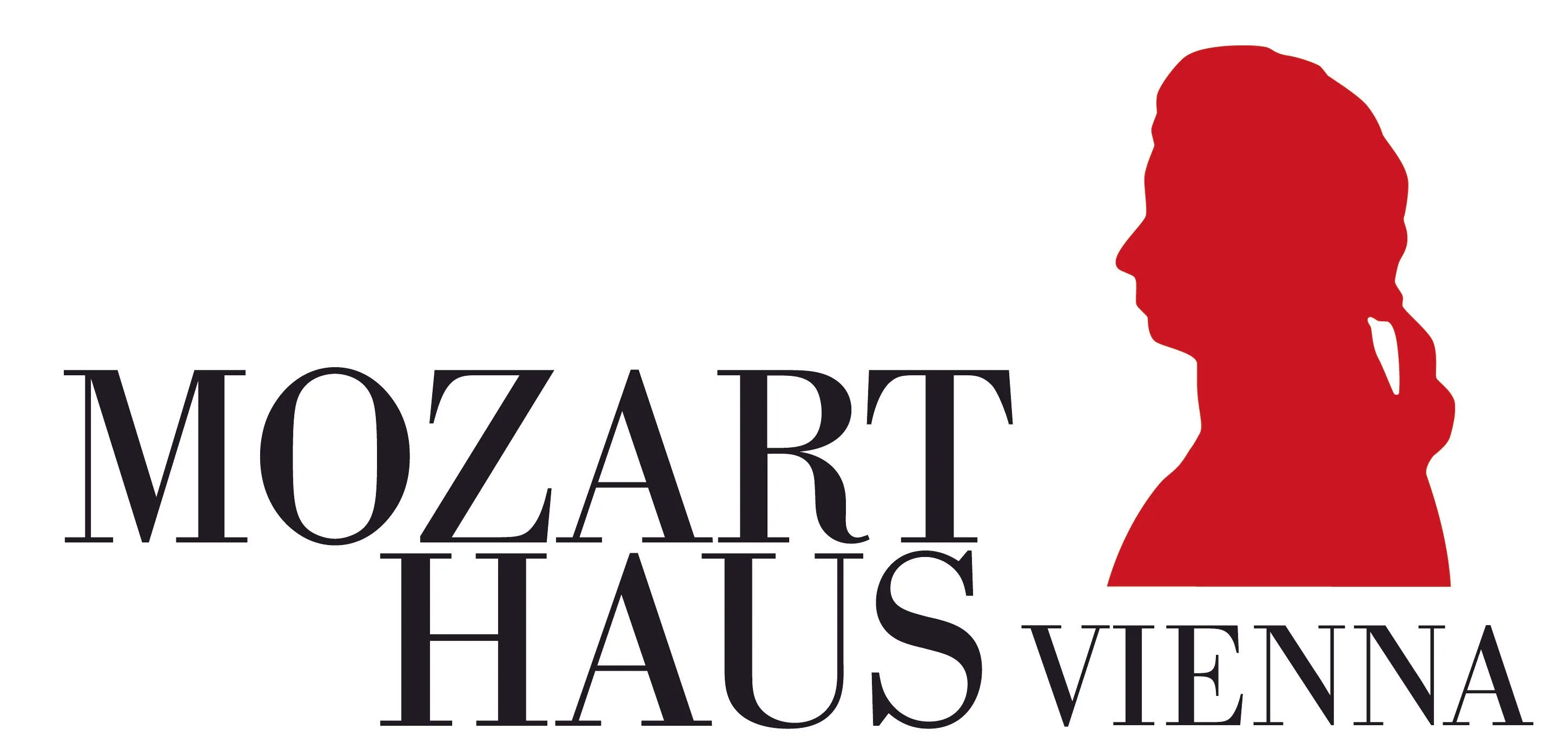 Logotipo de Mozarthaus Vienna con texto negro y una silueta roja del perfil de Mozart